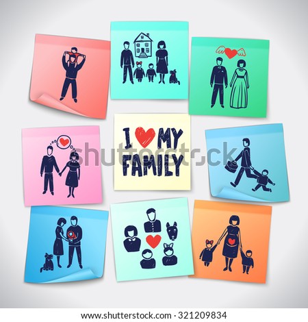 Family paper stickers set with hand drawn people figures vector illustration