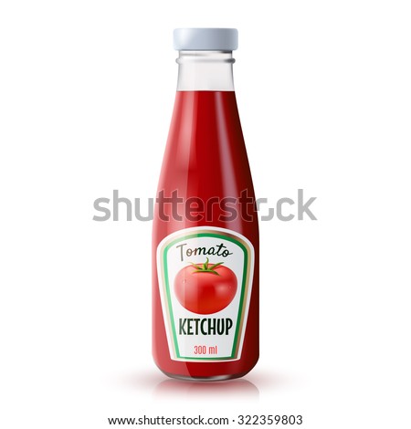 Traditional glass tomato ketchup bottle isolated on white background realistic vector illustration