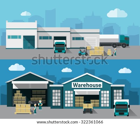 Warehouse building and shipping process flat horizontal banner set isolated vector illustration