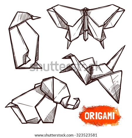 Hand drawn doodle style set of 4 origami figures penguin butterfly elephant swan isolated vector illustration