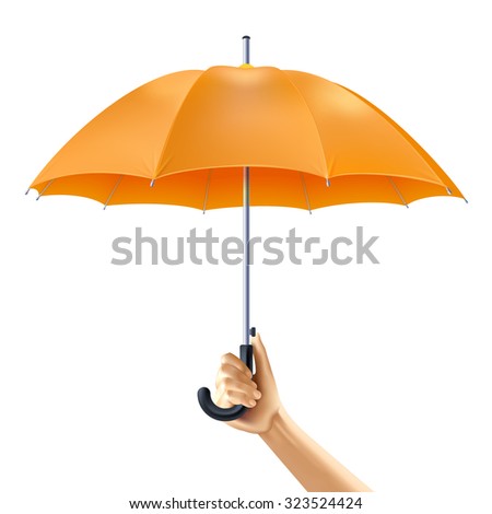 Human hand holding open yellow umbrella realistic vector illustration