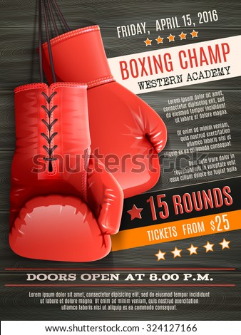 Boxing champ poster with realistic red gloves on wooden background vector illustration
