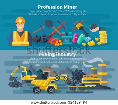 Mining banner horizontal set with professional miner avatar isolated vector illustration