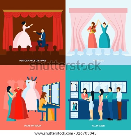 Theater performance approving applause and tickets at the door 4 flat icons square banner abstract vector illustration