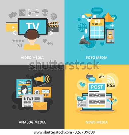 Press and media industry icons set with video photo analog and news media symbols flat isolated vector illustration 