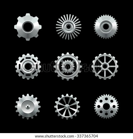 Shiny metal gears set isolated on dark background vector illustration