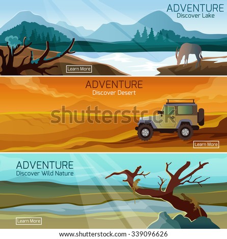 Discover nature wild life 3 flat banners set with lake and desert adventures abstract isolated vector illustration