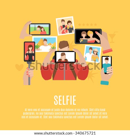 Selfie pictures taking flat icons composition poster of your own photo  and with friends abstract  vector illustration