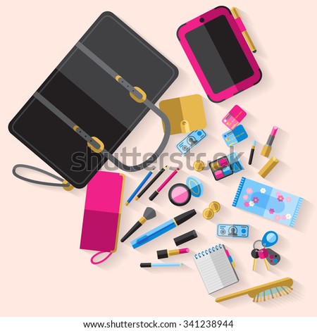 Woman open handbag content with makeup items cosmetic case smartphone purse and beauty accessories abstract vector illustration