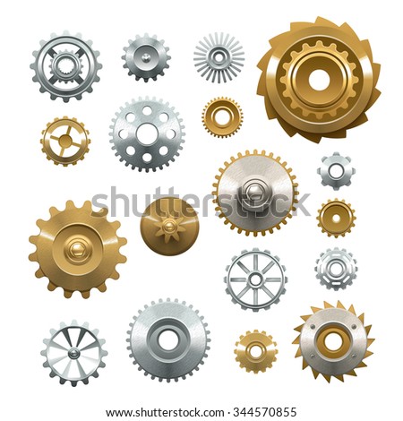 Decorative set of shiny metal  gears on white background in realistic style isolated vector illustration