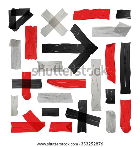 Set of black red and grey sticky tapes glued in simple lines and figures isolated vector illustration