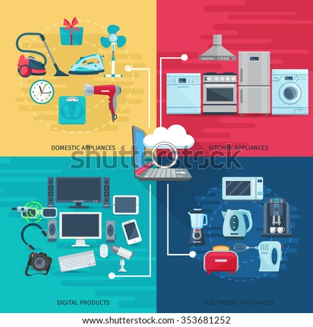 Household icons concept set of domestic appliances kitchen equipment and digital products square composition flat vector illustration      