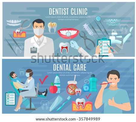 Dentist horizontal banners set with clinic and dental care symbols flat isolated vector illustration 