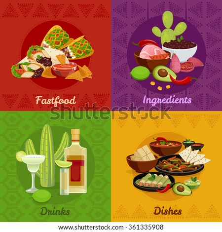 Mexican native food spicy dishes snacks and drinks 4 flat icons square composition banner isolated vector illustration