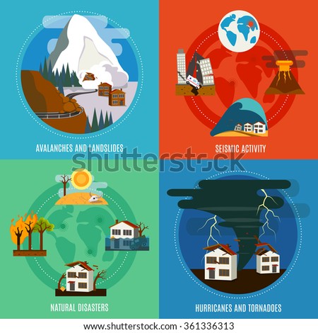 Natural Disaster 4 flat icons square banner with seismic activity hurricanes and tornadoes abstract isolated vector illustration
