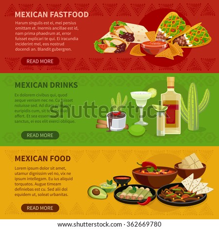 Mexican drinks snacks and famous dishes informative interactive horizontal banners set webpage flat abstract vector isolated illustration 