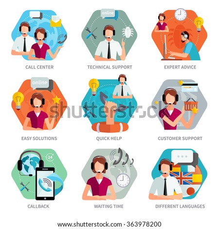 Customer support flat emblems set with Technical support call center and quick help sign isolated vector illustration