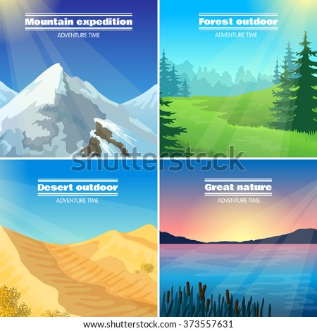 Great nature camping 4 flat pictograms collection with forest desert and mountains expeditions abstract isolated vector illustration