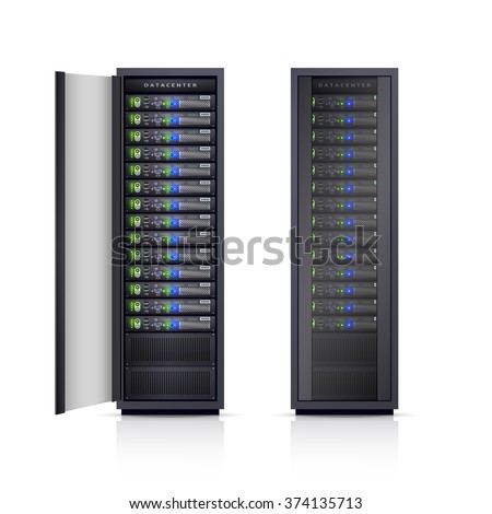 Two black adjustable computer server racks enclosures boxes design icons print realistic isolated vector Illustration