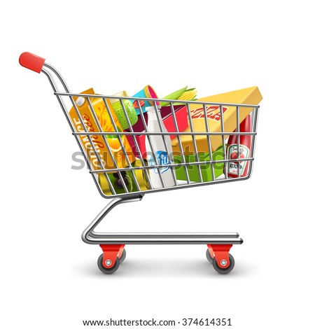 Self-service supermarket full shopping trolley cart with fresh grocery products and red handle realistic vector illustration