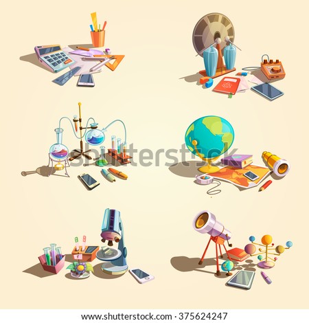 Science retro concept set with cartoon education objects isolated vector illustration