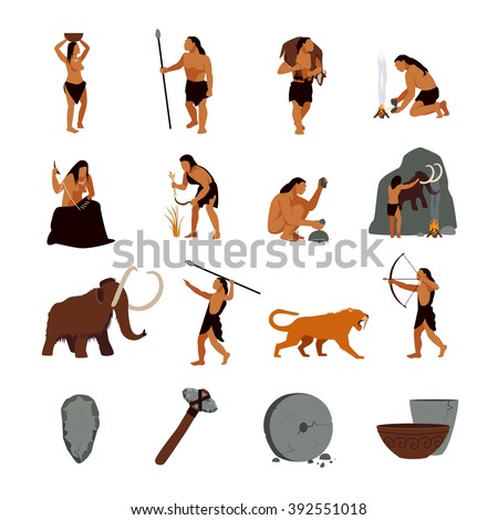 Prehistoric Stone Age Icons Set Presenting Life Of Cavemen And Their ...