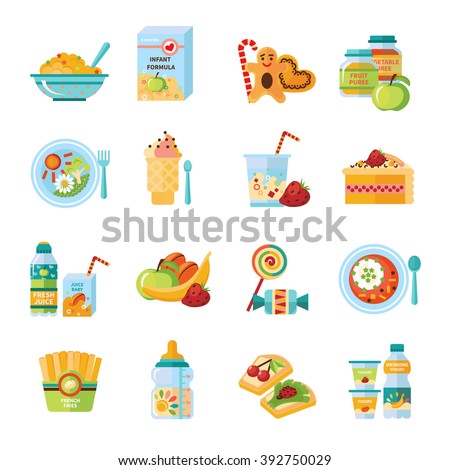 Infant and baby food flat icons collection with milk formula and vegetable puree abstract isolated vector illustration