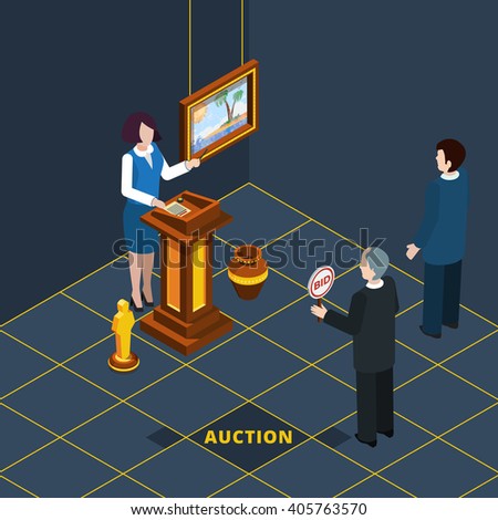 Isometric auction process abstract with bidding man and female auctioneer vector illustration