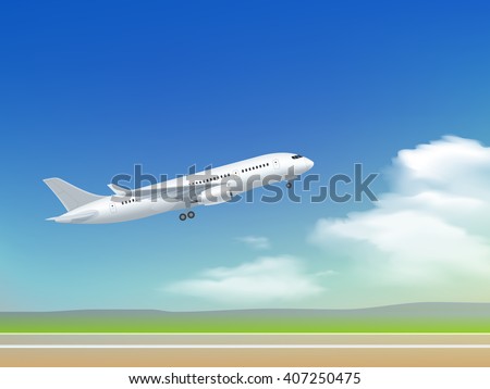 White plane off the ground take off poster on the background of clouds and sky runway vector illustration