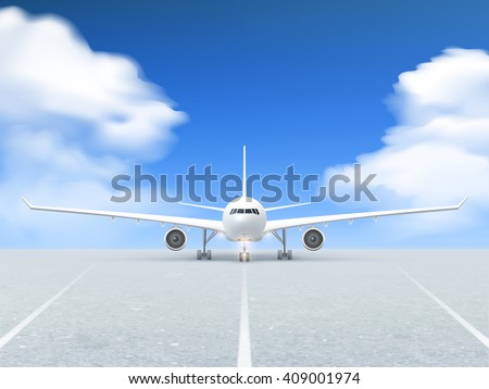 White plane prepares to take off from the runway poster at a realistic blue background and pavement vector illustration
