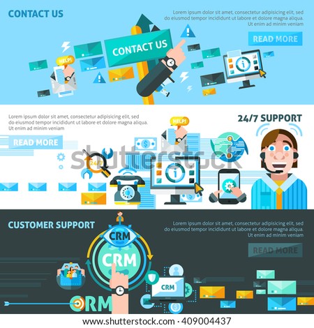 Customer support CRM horizontal banners set with communication symbols flat isolated vector illustration
