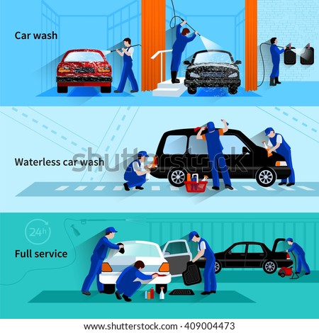  Full service car wash with attendants team cleaning vehicle 3 flat banners abstract vector isolated illustration