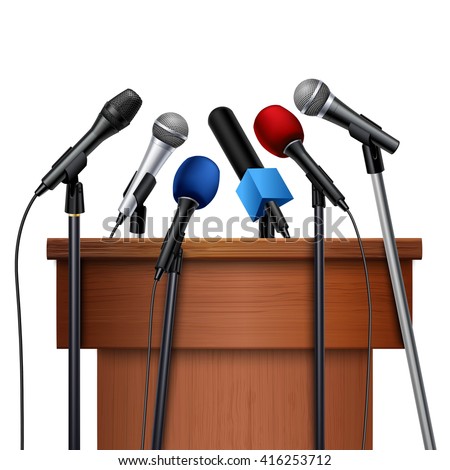 Different multicolored microphones near tribune prepared for conference meeting set on white background realistic vector illustration