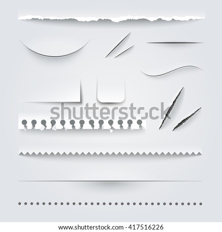 White paper perforated ripped torn jagged cut edges texture samples set realistic shadows vector illustration 