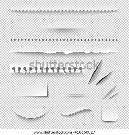 Semitransparent white paper checkered perforated ripped torn jagged cut edges texture samples set realistic shadows vector illustration