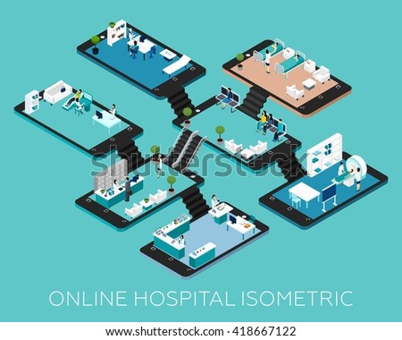 Online hospital isometric conceptual scheme icons with abstract rooms and stuff placed on smartphone bases vector illustration