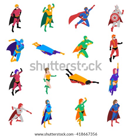 Superhero Isometric Icons Set Isolated Vector Illustration