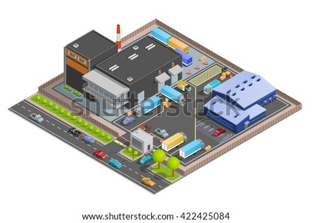 Guarded with checkpoint cargo terminal for trucks office building and parking warehouse composition isometric vector illustration