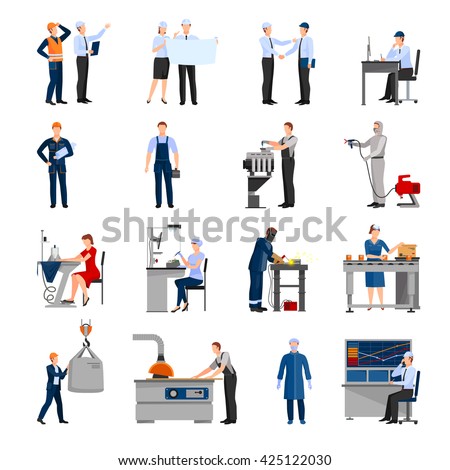 Icons set of drawn in flat style different factory workers from engineer to conveyor operator isolated vector illustration