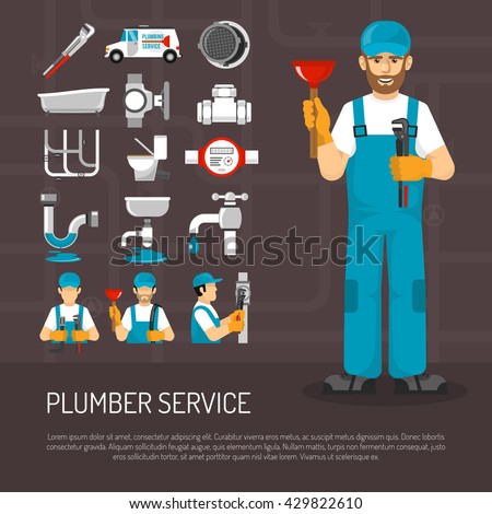 Plumbing service decorative icons set with repairmen pipeline faucet  meter sanitary ware on black background vector illustration