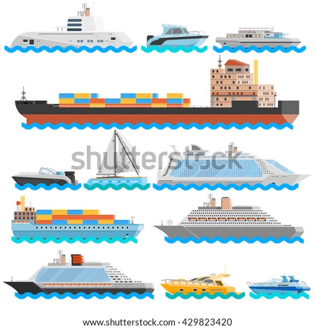 Water transport flat decorative icons set of dry cargo ships cruise liners yachts sailboats isolated vector illustration  