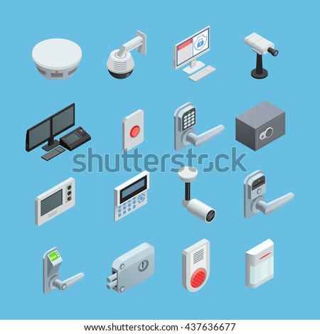 Home security system elements isometric icons collection with surveillance motion sensor camera with alarm abstract isolated vector illustration 