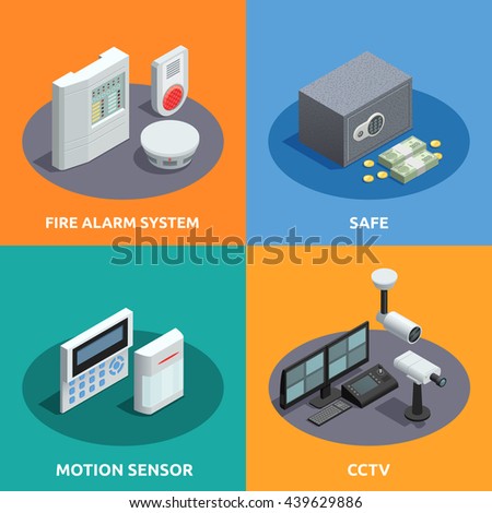 Home security 4 isometric icons square with motion sensor fire alarm system and cctv abstract isolated vector illustration 