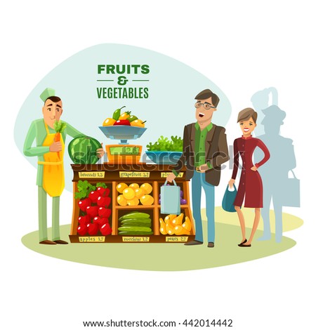 Fruit And Vegetables Seller With Counter Salesman And Customers Cartoon ...