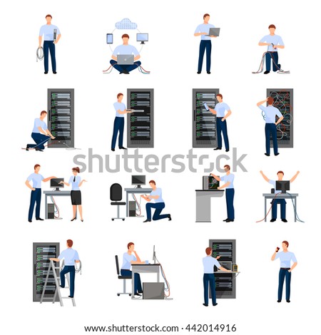 System administrator flat icons set of server racks and network engineers involved in maintenance of system modules isolated vector illustration  