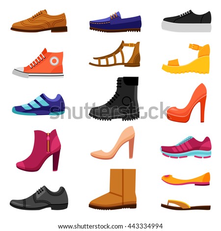 Footwear flat colored icons set of male and female shoes boots sandals for different seasons isolated vector illustration 