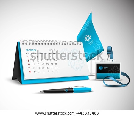 Calendar pen flag and badge corporate identity mockup set of blue color for your design on light background realistic vector illustration