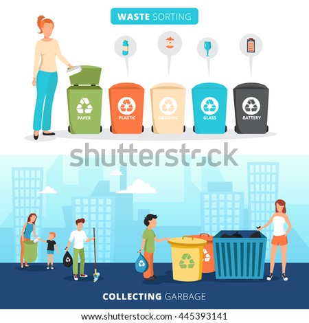 Waste sorting bins for paper plastic glass and batteries 2 flat banners with garbage collectors abstract vector illustration 