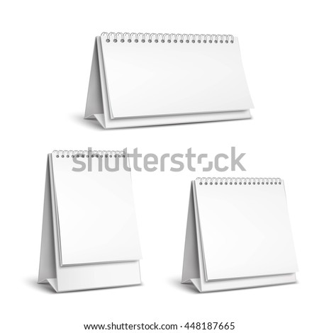 Three vertical and horizontal realistic standing blank spiral table calendars of different size on white background isolated vector illustration