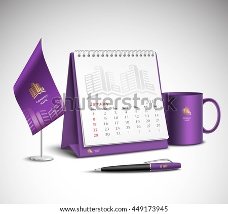  Calendar pen flag and cup corporate identity mockup set of purple color for your design on light background realistic vector illustration